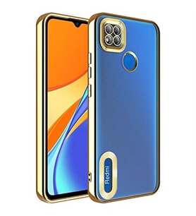 Coverzone Xiaomi Redmi 9S ile uyumlu K?l?f Kamera Korumal? Logo G�steren Parlak renk kenar �izgileri ile ??k bir tasar?m Colored Z-Omega Kapak Gold