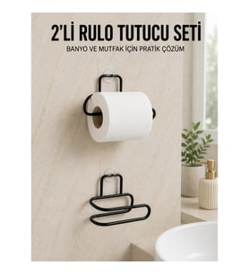 Mey İthalat® 2’li Yapışkanlı Tuvalet Kağıdı Tutucu Siyah Metal Duvar Tipi Rulo Kağıtlık