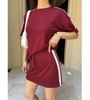 Osy Modal Yumuşak Dokulu Kumaş Parçalı Bisiklet Yaka T-shirt Mini Şortlu Etek İkili Takım -Bordo