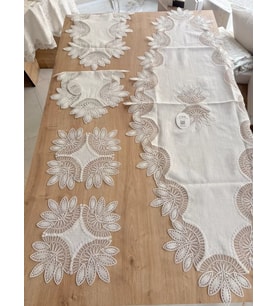 Salon Takımı Çeyizlik Krem Runner Set 5 Parça Keten Ranır Masa Konsol Sehpa Örtüsü Lady