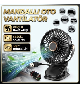 Mandallı Oto Ofis Araç İçi Torpido Üstü Vantilatör USB ve Çakmak Girişli Soğutucu Fan 360° Dönebilen