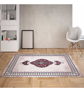 Osmanlı Desen Çerçeveli Dijital Baskı Yıkanabilir Kaymaz Taban Klasik Salon Halısı ve Yolluk (Krem)