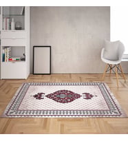 Osmanlı Desen Çerçeveli Dijital Baskı Yıkanabilir Kaymaz Taban Klasik Salon Halısı ve Yolluk (Krem)