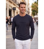 DeepSEA Erkek Slim Fit Likralı Çizgi Dokulu Beyaz Sweatshirt – Bisiklet Yaka Nakışlı Spor Şık Sweat 2708518