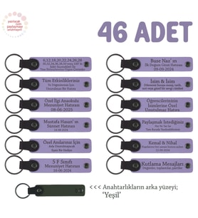 Eğitimciler Günü İçin Üzerinde İsim Yazılı Hatıra Anahtarlık 46’lı Set , Mor Menekşe & Yeşil (Lila - Mor)