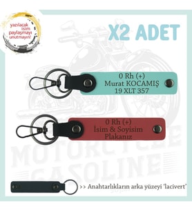 Motorcuya, İsim Plaka ve 0 Rh (+) Kan Grubu Yazılı Hediyelik x2 Anahtarlık, Nar Çiçeği-Turkuaz-Laci (Çok Renkli)