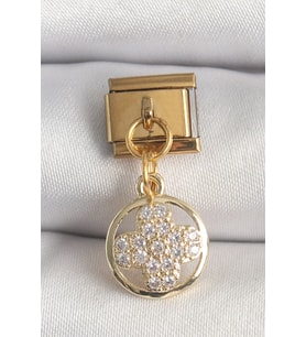 316L Çelik Gold Renk Sallantı Zirkon Taşlı Yonca Model Nomination Charm TJ-BC1340