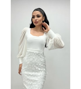 Krep Kumaş Üç Boyutlu Kalem Elbise - BEYAZ