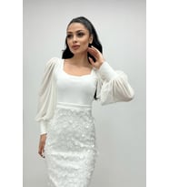 Krep Kumaş Üç Boyutlu Kalem Elbise - BEYAZ