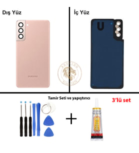 Samsung S21 Plus Gold Arka Pil Kapağı Batarya Kapağı Lazer Kesim + Yapıştırıcı ve Vida Seti