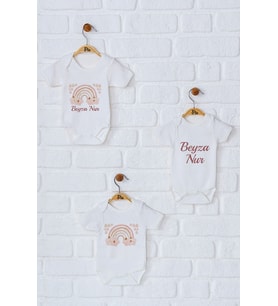 Pia Baby Premium %100 Pamuk İsme Özel Organik Baskılı Üçlü Set Çıtçıtlı Bebek Body Zıbın Modelleri 5021-18 (Ekru)