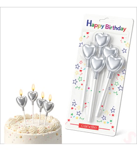 Çubuklu Metalik Gümüş Kalp Mum - 13 cm x 4 Adet