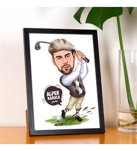 Kişiye Özel Golf Sever Erkek Karikatürlü Resim Çerçevesi