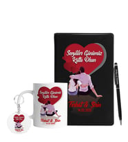 Sevgililer Gününe Özel Siyah Defter Kalem Kupa & Süblimasyon Anahtarlık Hediye Seti 1