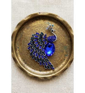 Mavi Kristal Taşlı Tavus Kuşu Broş Gümüş Renk Vintage Yaka İğnesi