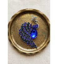 Mavi Kristal Taşlı Tavus Kuşu Broş Gümüş Renk Vintage Yaka İğnesi
