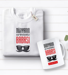 BK Gift Kişiye Özel Dünyanın En Yakışıklı Babası Tasarımlı Beyaz Tişört ve Kupa Seti-2 (Model 1)