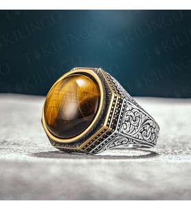 925 Ayar Gümüş Kahverengi Kaplangözü Taşlı Erkek Yüzük