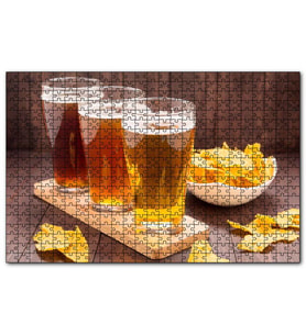 Cakapuzzle Üç Büyük Bardak Bira ve Cipsler Puzzle Yapboz MDF (Ahşap) (120 Parça)