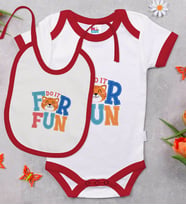 BK Kids Do It For Fun Tasarımlı Kırmızı Bebek Body Zıbın ve Mama Önlüğü Hediye Seti-1