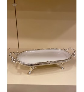 PORSELEN SUNUM TABAĞI DÖKÜM PİRİNÇ AYAKLI KULPLU OVAL ORTABOY 30X16 GÜMÜŞ