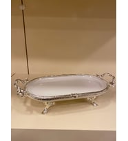 PORSELEN SUNUM TABAĞI DÖKÜM PİRİNÇ AYAKLI KULPLU OVAL ORTABOY 30X16 GÜMÜŞ