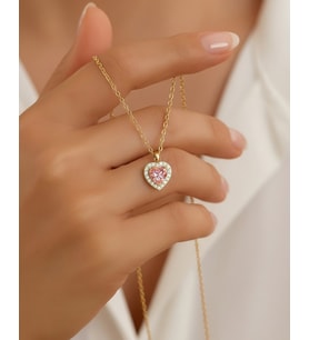 Pembe Kalp Taşlı Pırlanta Görünümlü Altın Kaplama Gümüş Kolye (Gold)