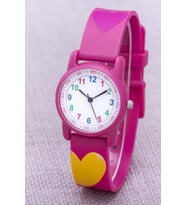Fuşya Renk Kalpli Kız Çocuk Saati Silikon Kordon Analog Saat Hediyeli ST-304402