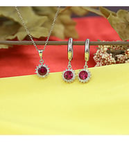 Kırmızı Beyaz Taşlı Minimal Anturaj Yuvarlak Gümüş Kolye Küpe Takım