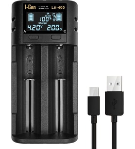 Batteries Lii-400 Akıllı Li-ion Pil Şarj Cihazı, Type-C Girişli, LCD Ekranlı, 2 Slot Şarj, Li-ion & Ni-MH Uyumlu (18650/21700 / AA/AAA)