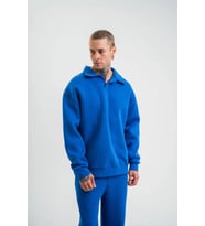 Erkek Patlı Yaka Üç İplik Pamuklu Sweatshirt Double Oversize Rahat Kalıp Günlük Kullanım - Mavi