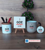 Göz Doktoru Dekoratif Taş, Kalemlik, Sihirli Oval Kupa Bardak, Ahşap Anahtarlık Hediye (Model 1)