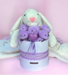 SOLE Premium Özel Hediye Kutusunda 65 cm Beyaz Bunny Tavşan ve 5 AdetYumoş Minik Ayıcıklar Peluş Ayıcık Buketi (Lila)