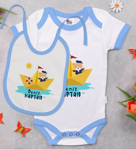 BK Kids Kişiye Özel Sevimli Kaptan Tasarımlı Mavi Bebek Body Zıbın ve Mama Önlüğü Hediye Seti
