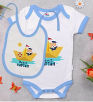 BK Kids Kişiye Özel Sevimli Kaptan Tasarımlı Mavi Bebek Body Zıbın ve Mama Önlüğü Hediye Seti