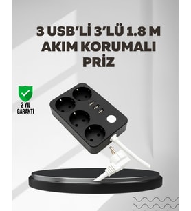 4.1A Hızlı Şarjlı Akım Korumalı 4 Priz ve 3 USB Çıkışlı Priz