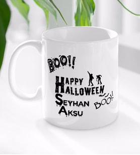 BK Gift Kişiye Özel Happy Halloween Tasarımlı Beyaz Kupa Bardak-2