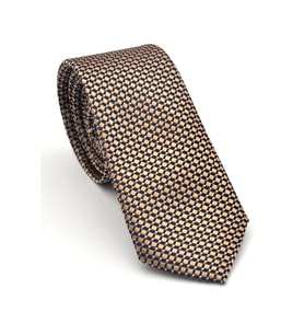 Beyaz Küçük Kare Desenli Bej Dokuma Kumaş Mendilli Slim Fit Kravat // SDK-2511-7