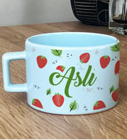 Kişiye Özel Çilek Desenli Hediye Pastel Fincan Doğum Günü Hediyesi -2- (Mavi)