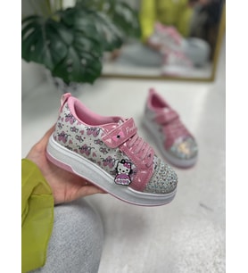Günlük Kız Çocuk Sneaker Püskül Detaylı Oval Simli Burun Desenli Bağcıklı Cırtlı Spor Ayakkabı  4004 (Beyaz-Pembe)