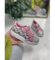 Günlük Kız Çocuk Sneaker Püskül Detaylı Oval Simli Burun Desenli Bağcıklı Cırtlı Spor Ayakkabı  4004 (Beyaz-Pembe)