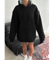 Kapşonlu Üç İplik Penye Basic SweatShirt - Siyah