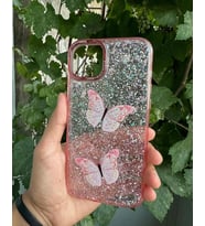 Apple iPhone 14 Pro Max Uyumlu Taşlı Simli Kelebekli Kılıf (Pembe)