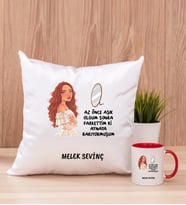 Kişiye Özel Az Önce Aşık Oldum Tasarım Esprili Kare Yastık ve Kırmızı Kupa