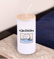 BK Gift Esprili Tasarım Beyaz Renk Pipetli Buzlu Cam Bardak 600ml - 6, Arkadaşa Hediye, Doğum Günü Hediyesi