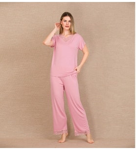 Giyim Viskon Şık Tasarım Dantel İşlemeli Pembe Kısa Kol Pijama Takımı