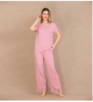 Giyim Viskon Şık Tasarım Dantel İşlemeli Pembe Kısa Kol Pijama Takımı