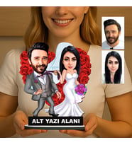 Kişiye Özel 2 Kişilik Gelin Damat Düğün Konseptli Sevgili Karikatürlü 18 cm MDF Masaüstü Biblo - Sevgiliye ve Eşe Hediye Çiftlere Özel Hediye