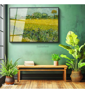 Siyah Renk Metal Çerçeveli Tamperli Cam Tablo Van Gogh Buğday Tarlası Köy Ressam Tablosu Duvar Dekoru