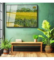 Siyah Renk Metal Çerçeveli Tamperli Cam Tablo Van Gogh Buğday Tarlası Köy Ressam Tablosu Duvar Dekoru